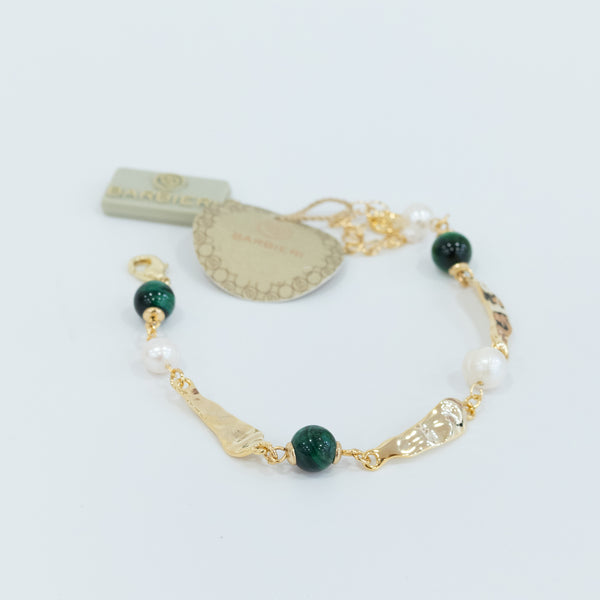 Barbieri - Bracciale metallo placcato oro con perle e pietre verdi