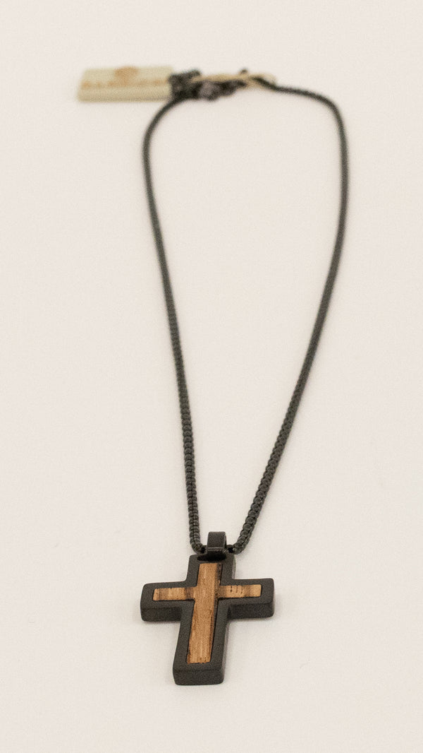 Barbieri - Collana in acciaio brunito con croce in legno
